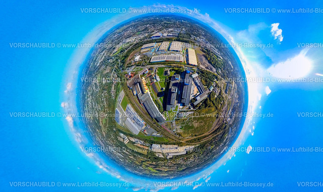 Dortmund241090078ThyssenKruppSteel | Luftbild, thyssenkrupp Steel Werksgelände, Gewerbegebiet Westfalenhütte, Erdkugel, Fisheye Aufnahme, Fischaugen Aufnahme, 360 Grad Aufnahme, tiny world, little planet, fisheye Bild, Borsigplatz, Dortmund, Ruhrgebiet, Nordrhein-Westfalen, Deutschland