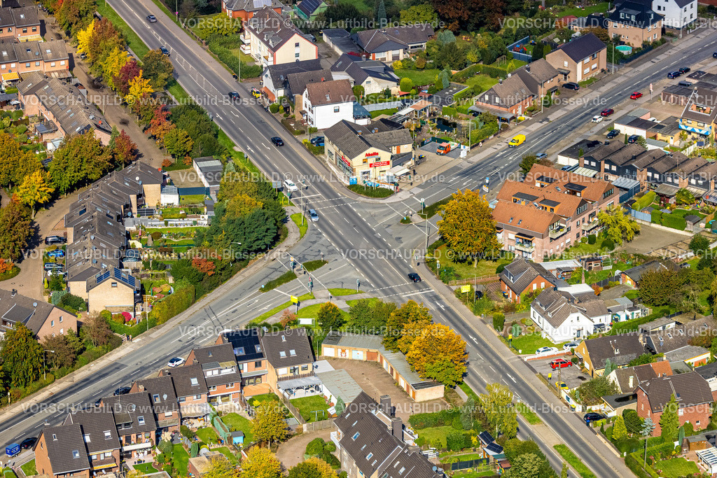 Voerde241009572 | Luftbild, Straßenverkehr mit Straßenkreuzung Frankfurter Straße und Rheinstraße Spellener Straße, Friedrichsfeld, Voerde, Niederrhein, Nordrhein-Westfalen, Deutschland