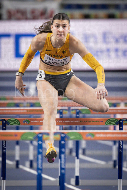 World Athletics Indoor Championships Kujawy Pomorze 26, 22.03.2026 | TORUN, POLAND - MARCH 22:  Sandrina SPRENGEL (GER) competing in the women's 60m hurdles of the pentathlon during the World Athletics Indoor Championships Kujawy Pomorze 26 on day 3 / session 1 at Kujawsko-Pomorska Arena Torun on March 22, 2026 in Torun, Poland. 