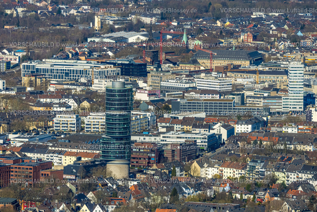 Bochum250301264 | Luftbild, Exzenterhaus Hochhaus und Innenstadt Ansicht mit Lueg Europa Hochhaus, Südinnenstadt, Bochum, Ruhrgebiet, Nordrhein-Westfalen, Deutschland