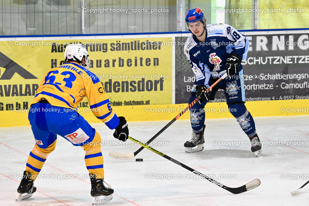 ESC Steindorf vs. EHC Althofen | #63 Hammerle Simon EHC Althofen, #88 Groyer Fabian ESC Steindorf, ESC Steindorf vs. EHC Althofen, ESC Steindorf vs. EHC Alhofen am 03.03.2024 in Steindorf (Ossiachersee Halle), Austria, (Photo by Bernd Stefan)