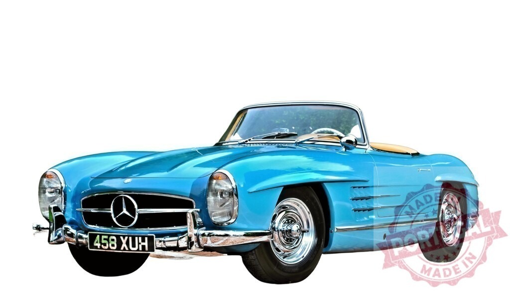 Classic light blue Mercedes-Benz 300 SL Roadster parked, showing its elegance | Luxurious vintage Mercedes-Benz 300 SL Roadster parked, an iconic symbol of automotive design - Realized with Pictrs.com