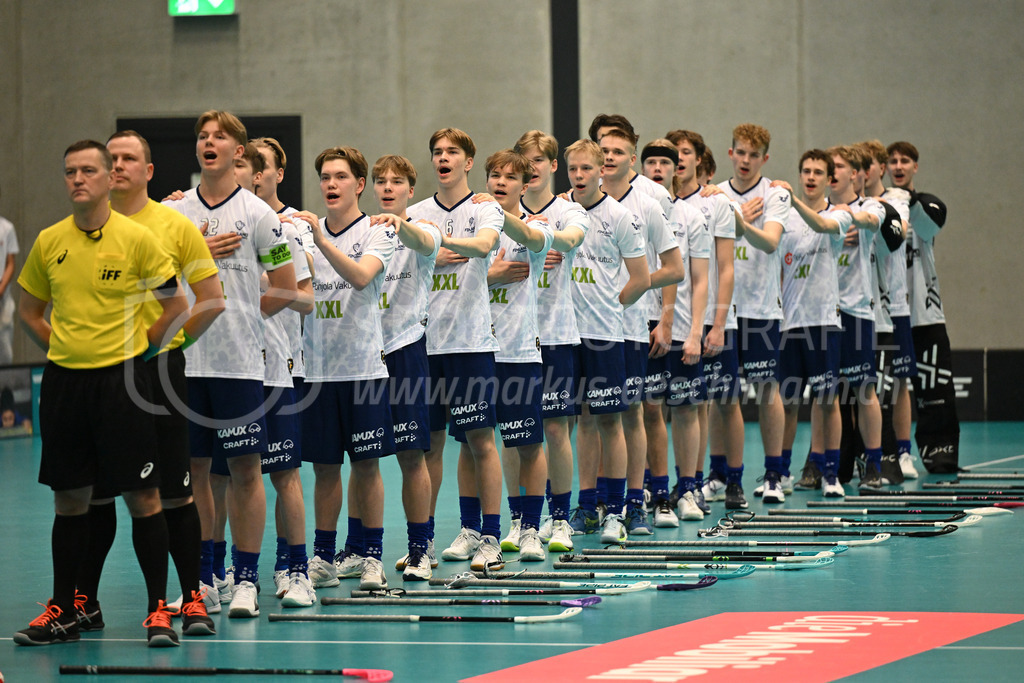 Switzerland B U19 vs Finland U19 - 2. February 2024 | Switzerland B U19 vs Finland U19
U19 Men International Matches in Switzerland
GoEasy Arena, Siggenthal Station
Finland players during the national anthem.
Credit: Markus Aeschimann | <a href="https://www.markus-aeschimann.ch">Sportfotografie Markus Aeschimann</a> | <a href="https://www.instagram.com/sportfotografie.aeschimann">@sportfotografie.aeschimann</a> - Realisiert mit Pictrs.com