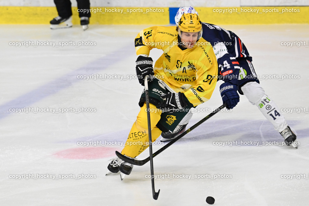 ATSE Graz vs. EHC Lustenau | #91 Grabher Meier Martin EHC Lustenau, #14 Schwarz Maximilian ATSE Graz, ATSE Graz vs. EHC Lustenau, ATSE Graz vs. EHC Lustenau am 14.02.2026 in Graz (Merkur Eishalle ), Austria, (Photo by Bernd Stefan)