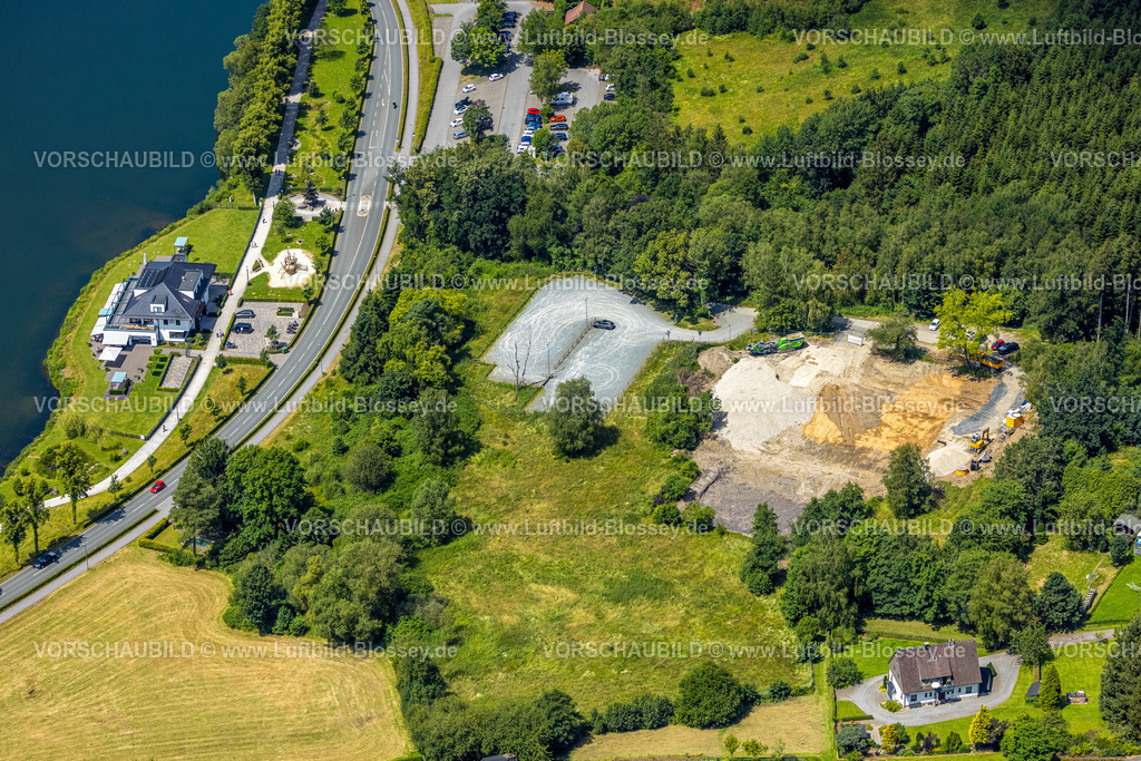 Sundern240708973 | Luftbild, Sorpesee Vorbecken und Goldbäckerei Grote GmbH & Co. KG Restaurant, Baustelle ehemaliges Freibad, Amecke, Sundern, Sauerland, Nordrhein-Westfalen, Deutschland