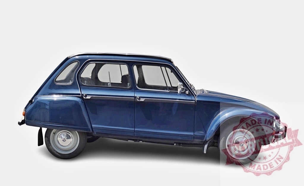 Citroën Dyane 6 posing in studio with metallic blue paint | Classic Citroën Dyane 6 with metallic blue paint posing in a studio with white background - Realized with Pictrs.com