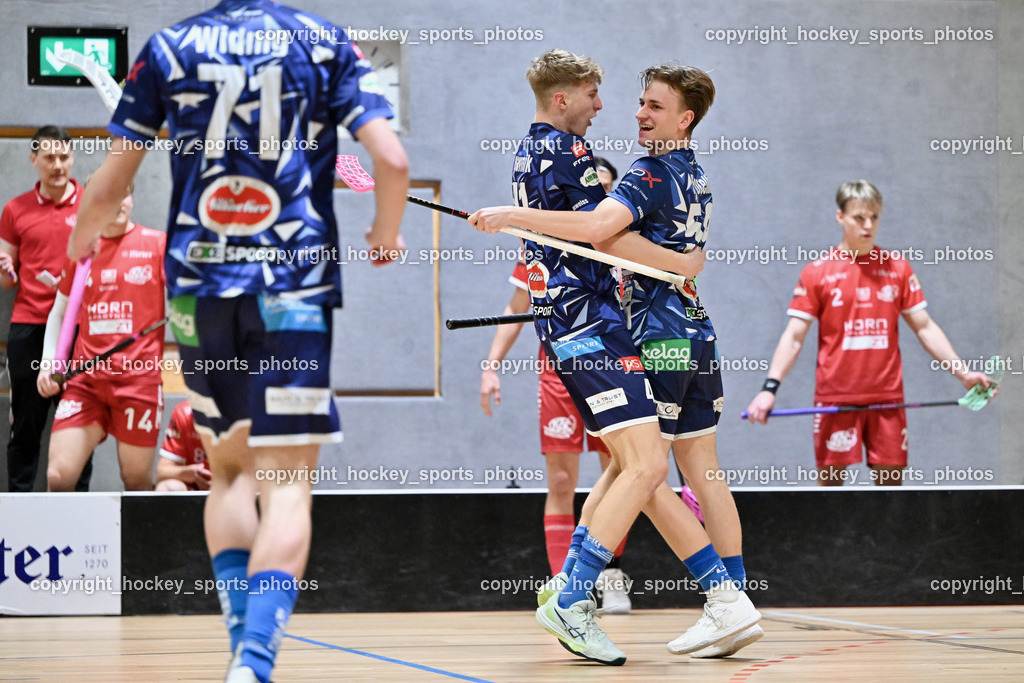 KAC Floorball vs. VSV Unihockey | Jubel VSV Unihockey, #41 Rok Kopavnik VSV Unihockey, #59 Nino Forelli VSV Unihockey, KAC Floorball vs. VSV Unihockey, KAC Floorball vs. VSV Unihockey am 21.03.2026 in Klagenfurt (Ballspielhalle Waidmannsdorf), Austria, (Photo by Bernd Stefan)