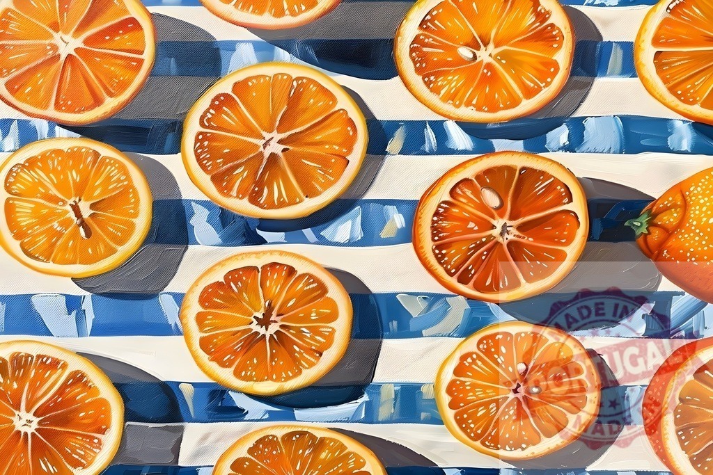 Fresh orange slices on blue and white stripes | Still life painting featuring vibrant orange citrus halves arranged on a striped background - Realisiert mit Pictrs.com