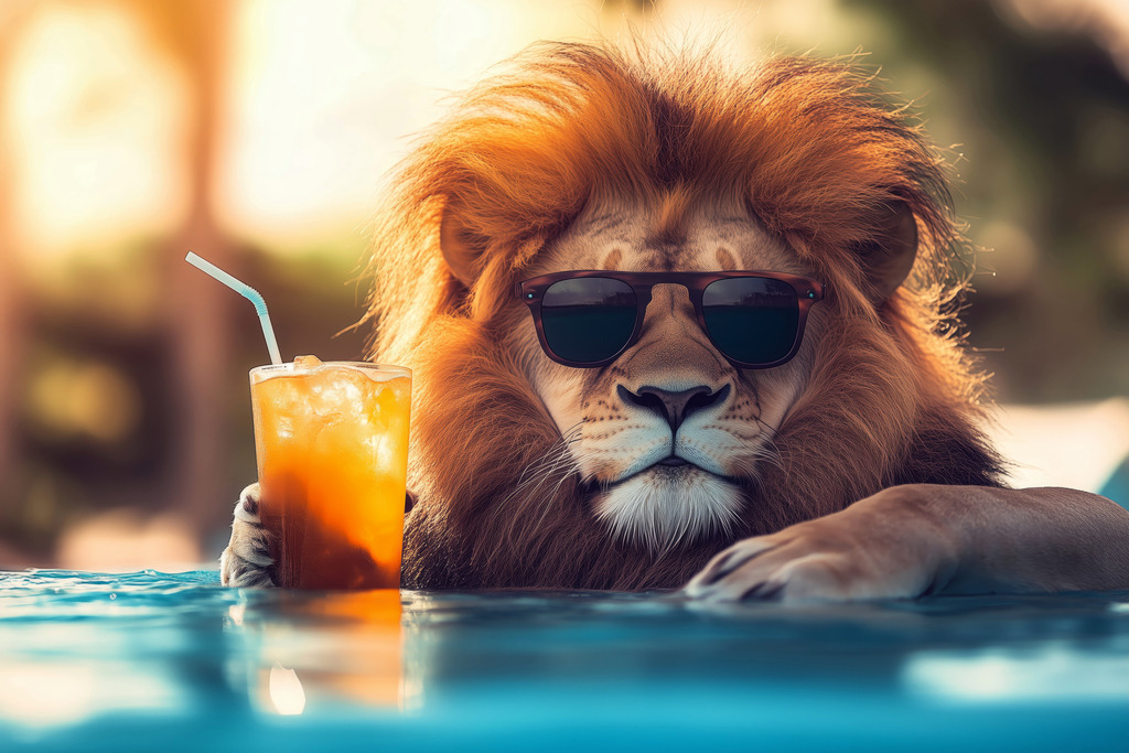 2409014 - Löwe am Swimmingpool | Moderne Wandbilder auf Leinwand, Acylglas, Alu-Dibond oder als Poster. Tauchen Sie ein in die Welt KI-generierter Kunstwerke - entdecken Sie hochwertige Kunstdrucke unserer Gemälde, Illustrationen und fotorealistischen Motive.