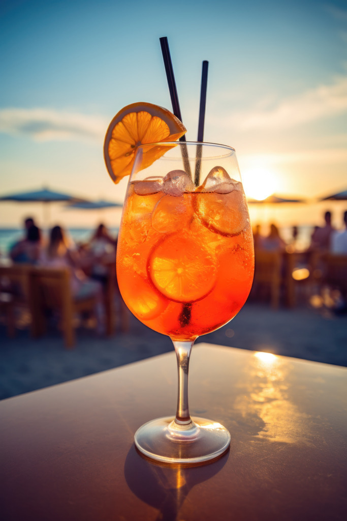 2308020 - Aperol Spritz am Strand | Bestellen Sie dieses digitale Motiv eines Aperol Spritz als hochwertigen Kunstdruck auf Leinwand, Acrylglas, Alu-Dibond oder als Poster. Das Bild wurde digital erstellt und hat die Anmutung eines Gemäldes.