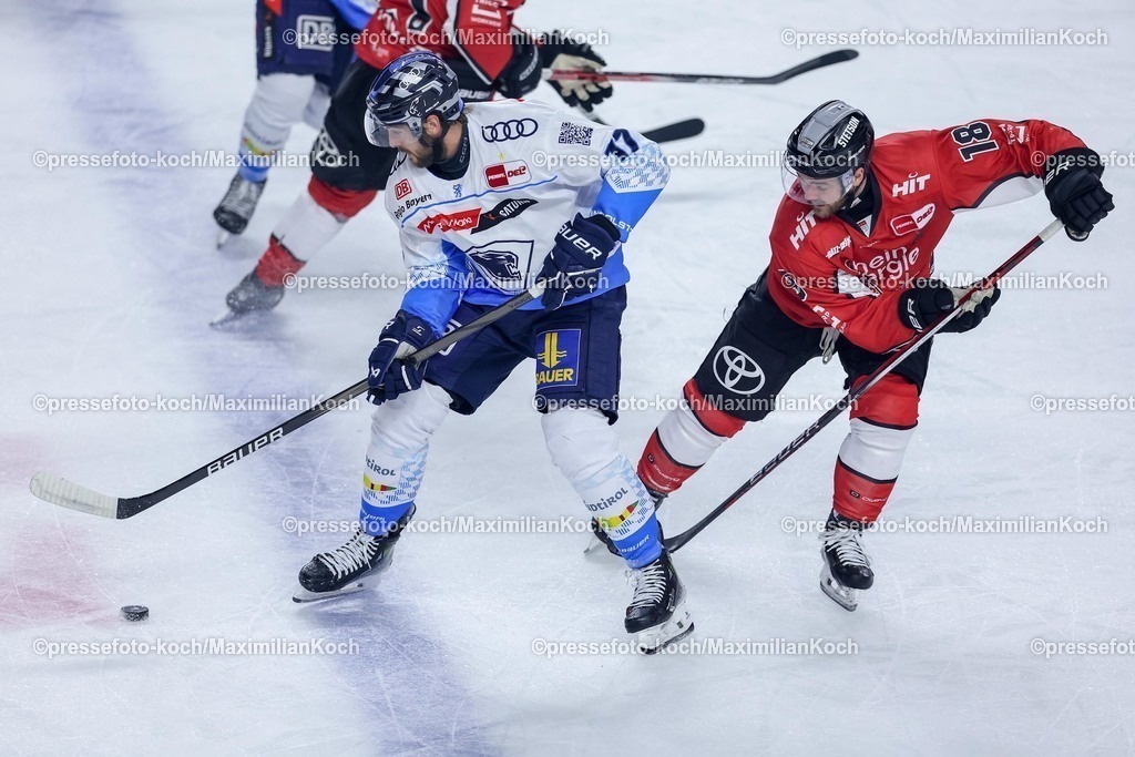 KEC1404251030 | 14.04.2025, Eishockey, DEL Play-offs, Kölner Haie - ERC Ingolstadt, Halbfinale Spiel 6, Lanxess-Arena Köln: Abbott Girduckis (ERC Ingolstadt #17) im Zweikampf gegen Josh Currie (Kölner Haie #18) 