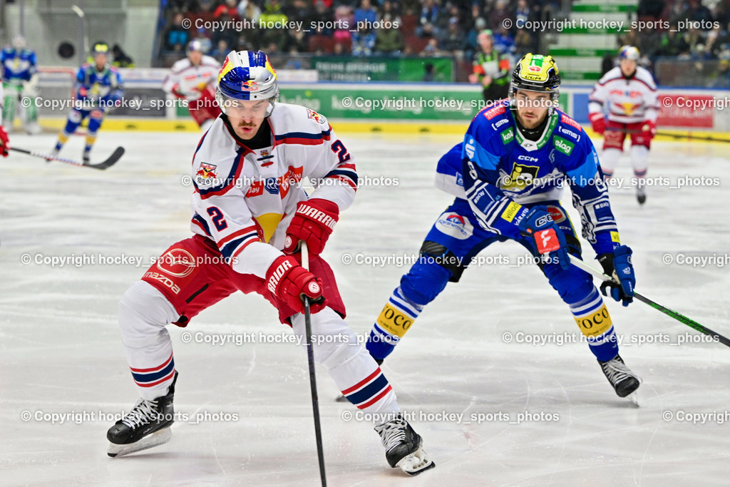 EC IDM WÄRMEPUMPEN VSV vs. EC Red Bull Salzburg | #2 Lewington Tyler James EC Redbull Salzburg, #8 Rebernig Maximilian EC VSV, EC IDM WÄRMEPUMPEN VSV vs. EC Red Bull Salzburg, EC IDM WÄRMEPUMPEN VSV vs. EC Red Bull Salzburg am 17.01.2025 in Villach (Stadthalle Villach), Austria, (Photo by Bernd Stefan)