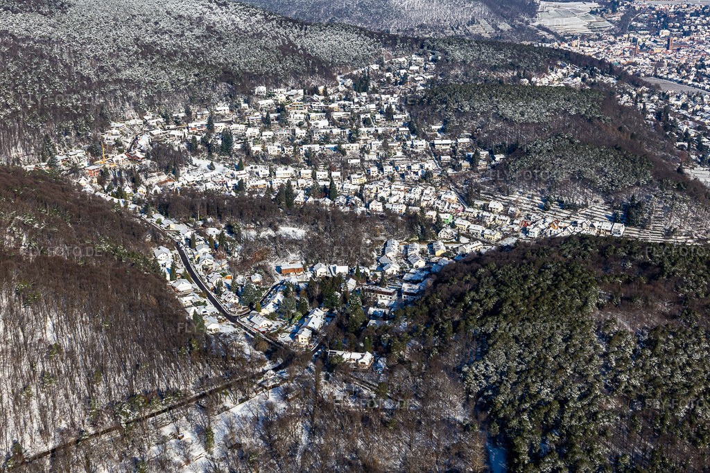 Luftbild: Winterluftbild im Schnee am Triftbrunnenweg im Ortsteil Hambach an der Weinstraße in Neustadt im Bundesland Rheinland-Pfalz in Deutschland. Foto: IMG_124595.jpg vom 11.02.2021 durch Werner Riehm/FLY-FOTO.de