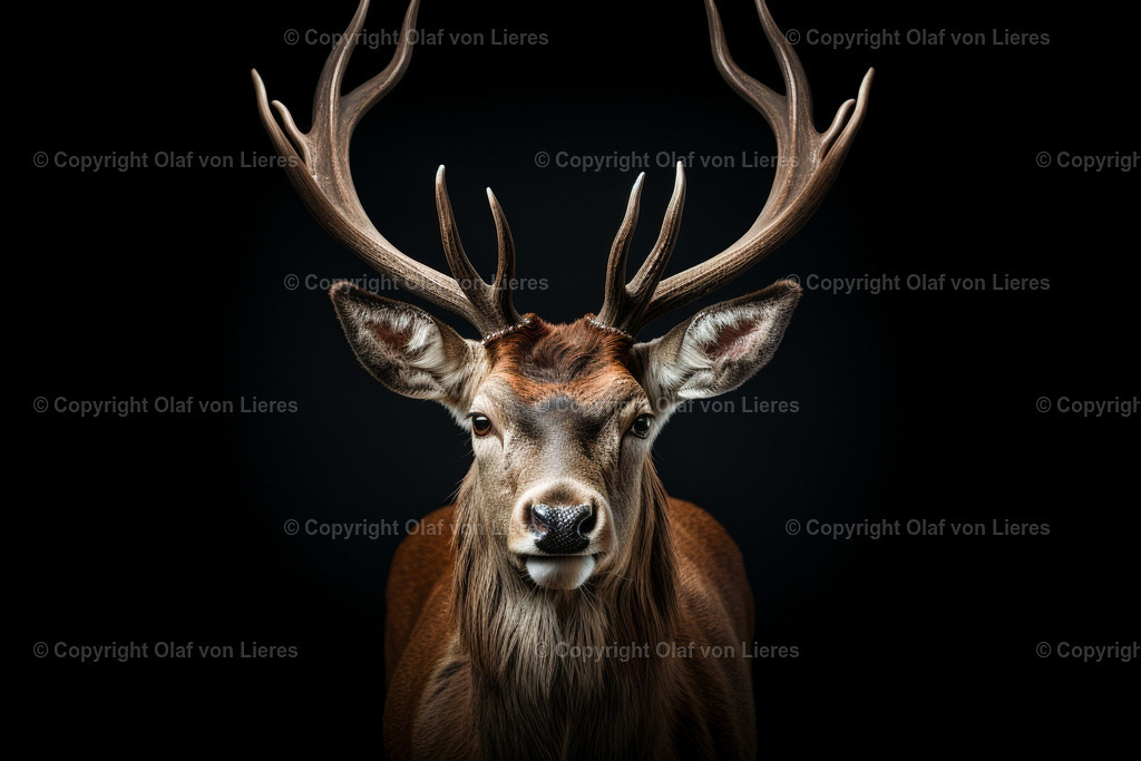Hirschkopf als Wandbild | Hirschkopf mit Geweih auf schwarzem Hintergrund