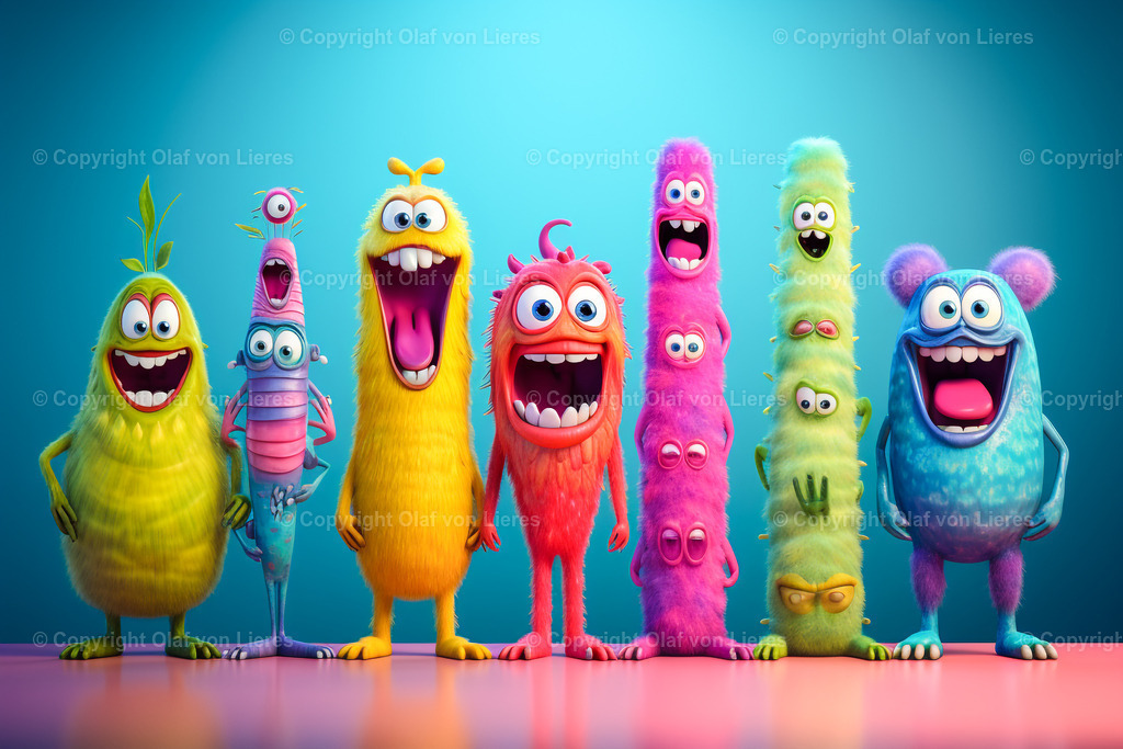 viele lustige Monster | bunte fröhliche Monster auf blauem Hintergrund