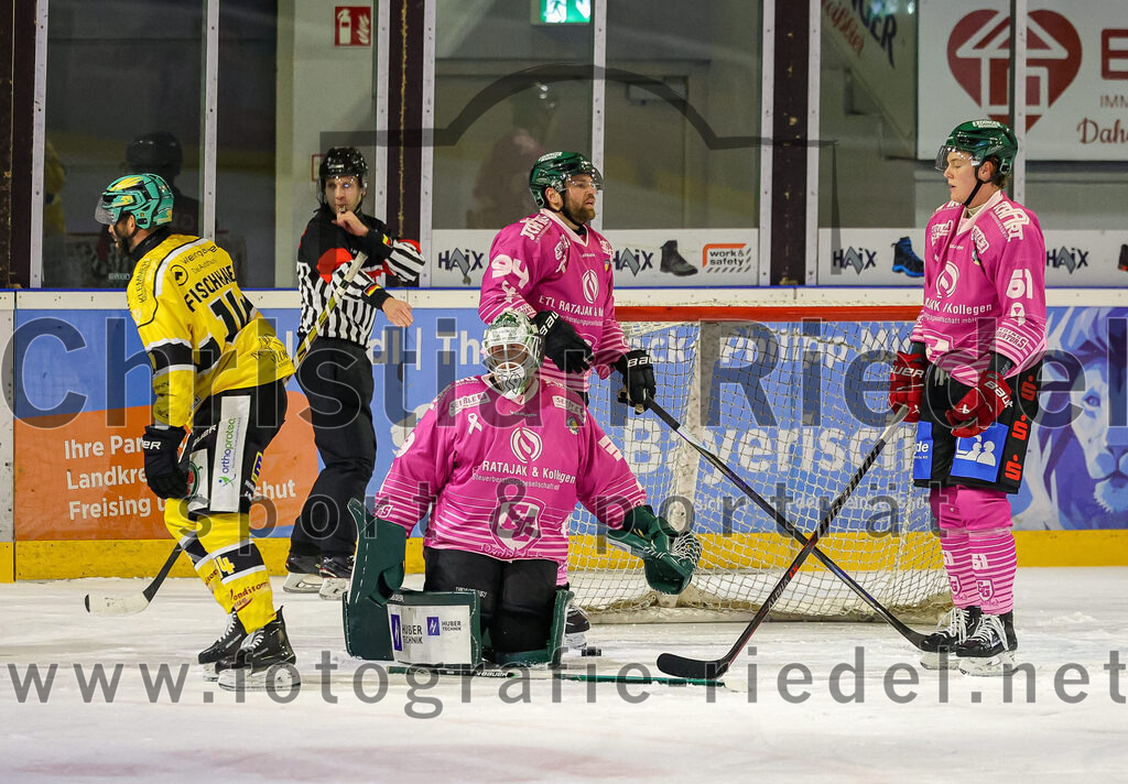 2025-10-28_138_TSV_Erding_gegen_Toelzer_Loewen | Erding, Deutschland, 28.10.2025:Eishockey, Oberliga Süd 2025 / 2026, 13. Spieltag, TSV Erding gegen Tölzer Löwen, Endergebnis: 2:5Christoph Fischhaber (Tölzer Löwen, #14), Torwart Leon Meder (Erding Gladiators, #39), Markus Eberhardt (Erding Gladiators, #94), Moritz Köttstorfer (Erding Gladiators, #61)Foto: Christian Riedel / fotografie-riedel.net