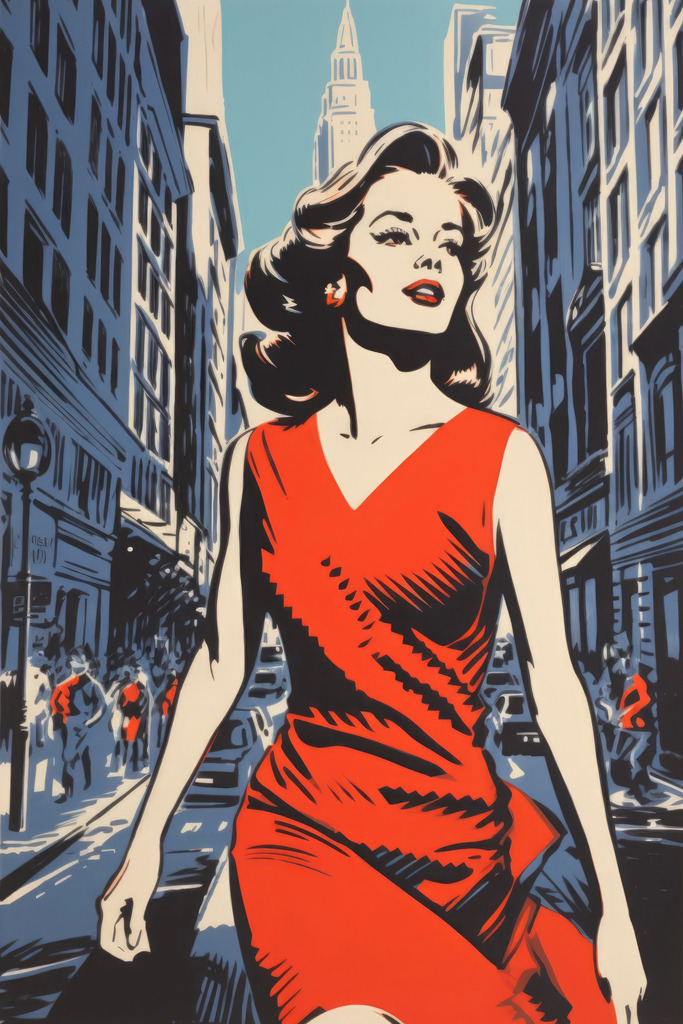 2311021 - Frau in rot | Eine Frau im roten Kleid auf den Straßen von New York im Stil einer Vintage Illustration.