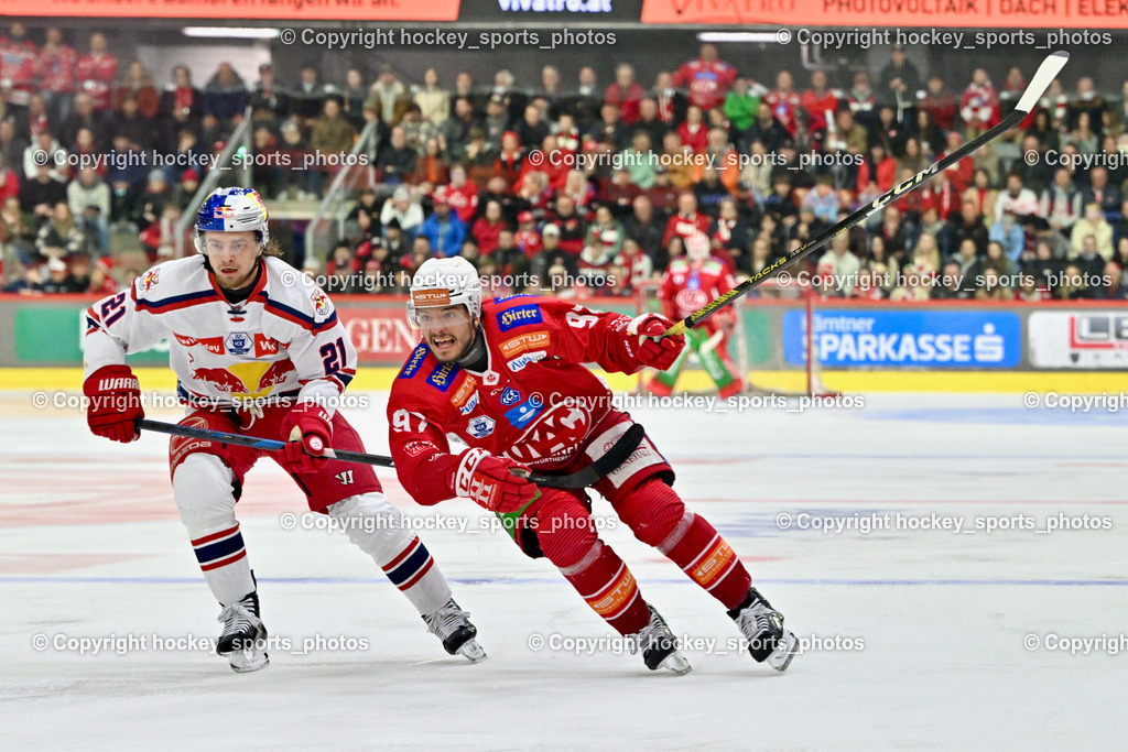 EC KAC vs. EC Red Bull Salzburb | #21 Bourke Troy Wayne EC RED BULL SALZBURG,  #97 Hochegger Fabian EC KAC, EC KAC vs. EC Red Bull Salzburb, EC KAC vs. EC Red Bull Salzburb am 04.04.2025 in Klagenfurt (Heidi Horten Arena), Austria, (Photo by Bernd Stefan)