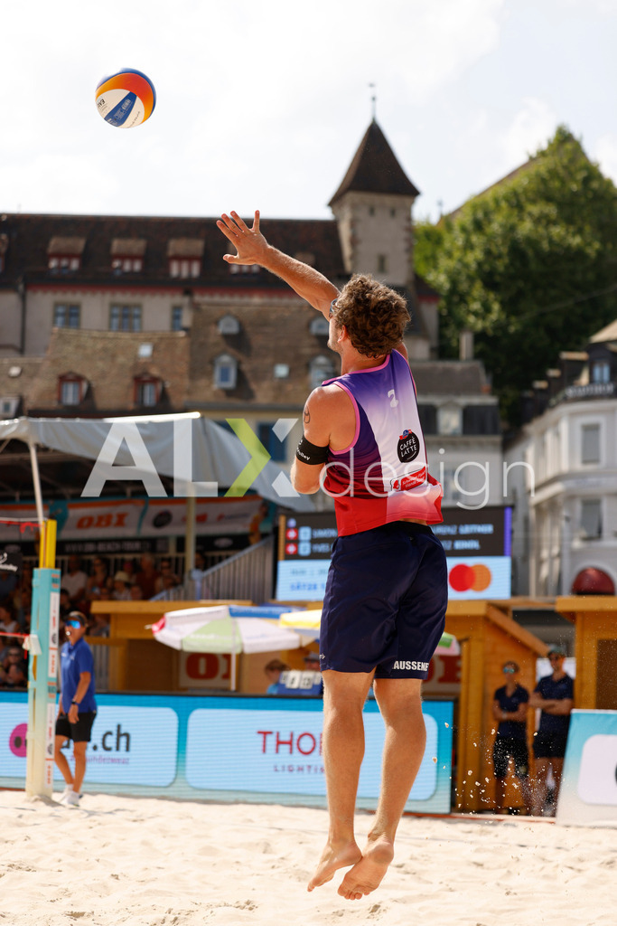 Obi BeachTour 2026 - Basel | BASEL, SWITZERLAND - JULY 19:YVES HAUSSENER (SUI) serve during the Obi BeachTour 2026 match between HAGENBUCH / HAUSSENER (SUI) and LEITNER / KINDL (AUT) at Barfüsserplatz on July 19, 2026 in Basel, Switzerland. - Realisiert mit Pictrs.com
