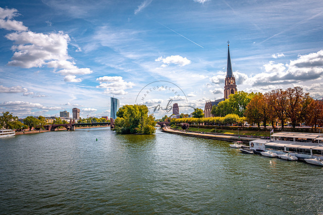 MBF_1889 | Der Main mit einer Kirche und Stadtgebäuden im Hintergrund, umgeben von Bäumen und einem bewölkten blauen Himmel, Frankfurt am Main, Hessen, Deutschland - Realisiert mit Pictrs.com