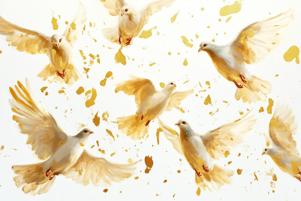 2504013 - Goldene Botschafter | Weiße Tauben mit goldenen Akzenten – symbolstarkes Wandbild für Frieden, Hoffnung und Leichtigkeit in hellen Wohnräumen.