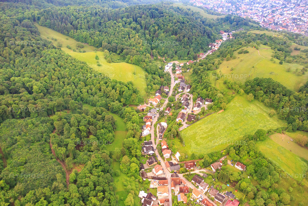 Luftbild: Dorfansicht im Laudenbachtal am Morgen von Osten in Laudenbach im Bundesland Baden-Württemberg in Deutschland. Foto: IMG_089242.jpg vom 25.05.2016 durch Werner Riehm/FLY-FOTO.de