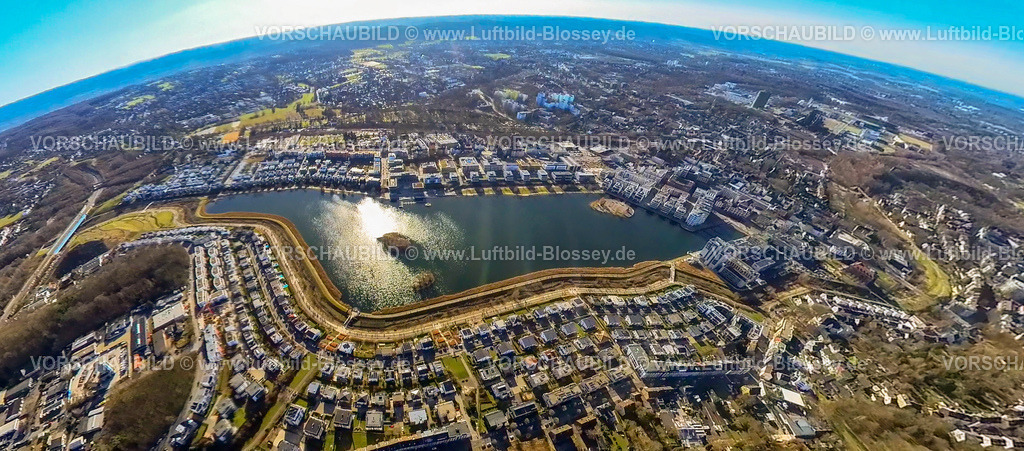 Dortmund240190146Hoerde_PhoenixSee | Luftbild, Phoenix-See mit Seepromenade, Geschäftshäuser und Wohngebiet mit Einfamilienhäusern, Insel im See und Naherholungsgebiet, Erdkugel, Fisheye Aufnahme, Fischaugen Aufnahme, 360 Grad Aufnahme, tiny world, little planet, fisheye Bild, Hörde, Dortmund, Ruhrgebiet, Nordrhein-Westfalen, Deutschland