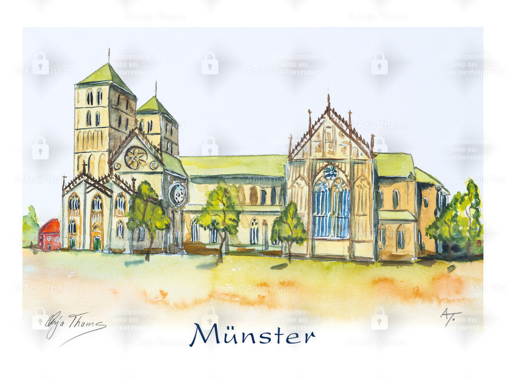 Münster - Dom | Stadtposter - Städteposter - Einzigartige Poster von vielen deutschen Städten und Sehenswürdigkeiten. Im stylischen Aquarell-Design von Anja Thams, mit Stadtplan im Hintergrund. Als Wandbild, Poster und Fine-Art. - Realisiert mit Pictrs.com