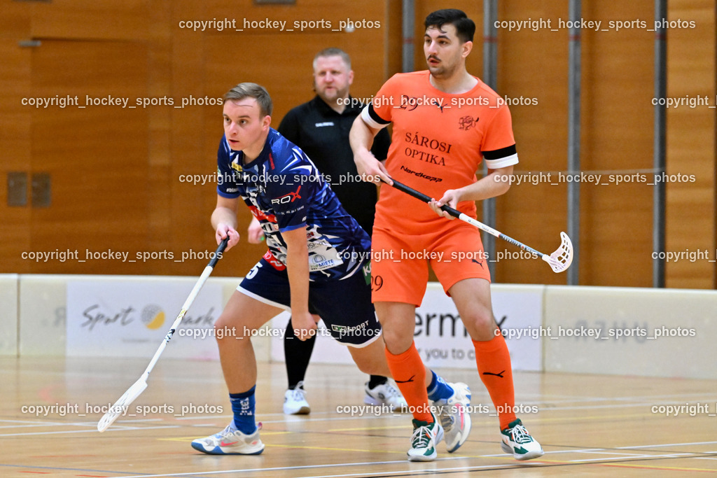 VSV Unihockey vs. SZPK Floorball | #25 Jan Blazic VSV Unihockey, #29 János Kiss SZPK SÁROSI OPTIKA KOMÁROM, VSV Unihockey vs. SZPK Floorball, VSV Unihockey vs. SZPK Floorball am 23.11.2024 in Villach (Ballspielhalle St. Martin), Austria, (Photo by Bernd Stefan)