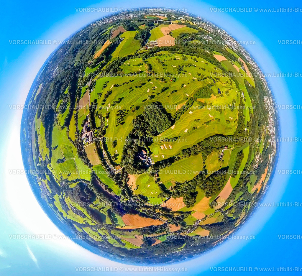 Velbert240890711Langenberg_GolfClubGutKuhlendahl | Luftbild, Golfwiese Golfclub Velbert Gut Kuhlendahl e.V., Erdkugel, Fisheye Aufnahme, Fischaugen Aufnahme, 360 Grad Aufnahme, tiny world, little planet, fisheye Bild, Bleiberg, Velbert, Ruhrgebiet, Nordrhein-Westfalen, Deutschland