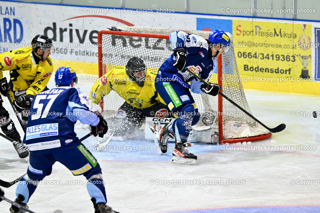 ESC Steindorf vs. MET PHOTOVOLTAIK HORNETS SPITTAL | #22 Thaler Tim EC Hornets Spittal, #1 Zauchner Rene EC Hornets Spittal, #91 Kravanja Kristian ESC Steindorf, #57 Wilfan Franz ESC Steindorf, ESC Steindorf vs. MET PHOTOVOLTAIK HORNETS SPITTAL, ESC Steindorf vs. MET PHOTOVOLTAIK HORNETS SPITTAL am 26.10.2024 in Steindorf (Ossiachersee Halle), Austria, (Photo by Bernd Stefan)
