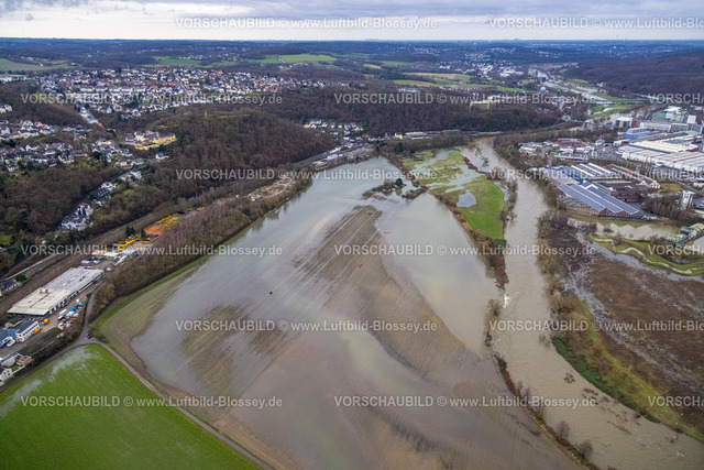 Wetter231201767Ruhr | Luftbild, Ruhrhochwasser, Weihnachtshochwasser 2023, Fluss Ruhr tritt nach starken Regenfällen über die Ufer, Überschwemmungsgebiet Ruhraue und Obergraben In den Weiden, Harkortsee mit Stadtansicht Wetter, Vorhalle, Hagen, Ruhrgebiet, Nordrhein-Westfalen, Deutschland