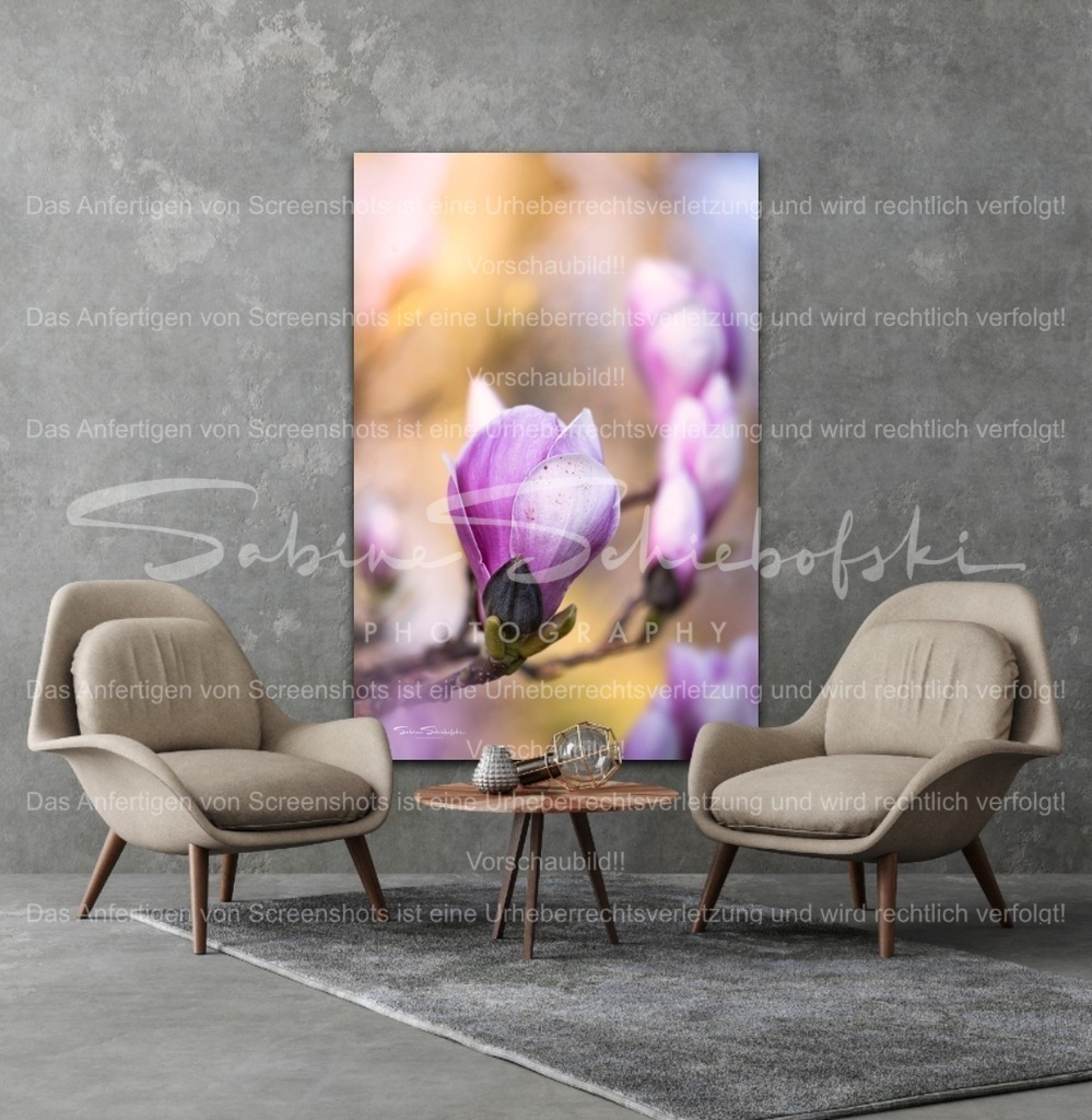 Magnolienmoment – zarte Ruhe für dein Zuhause | Die zarte Magnolienblüte entfaltet sich in warmem, weichem Licht und bringt eine besondere Ruhe in den Raum.Durch die sanften Farben und das harmonische Bokeh wirkt das Motiv leicht, elegant und gleichzeitig beruhigend – perfekt für Wohnräume, in denen du entspannen und ankommen möchtest.Im Mockup zeigt sich, wie dieses Bild eine gemütliche Sitzecke stilvoll ergänzt und eine warme, natürliche Atmosphäre schafft.Ein zeitloses Kunstwerk für alle, die die Schönheit der Natur dezent und stilvoll in ihr Zuhause holen möchten. - Realisiert mit Pictrs.com
