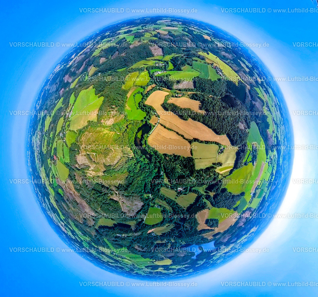 Ennepetal240890794TalDerEnnepe | Luftbild, Tal der Ennepe, Fluss Ennepe und Wiesen Felder und Waldgebiet, Erdkugel, Fisheye Aufnahme, Fischaugen Aufnahme, 360 Grad Aufnahme, tiny world, little planet, fisheye Bild, Brenscheid, Breckerfeld, Ruhrgebiet, Nordrhein-Westfalen, Deutschland