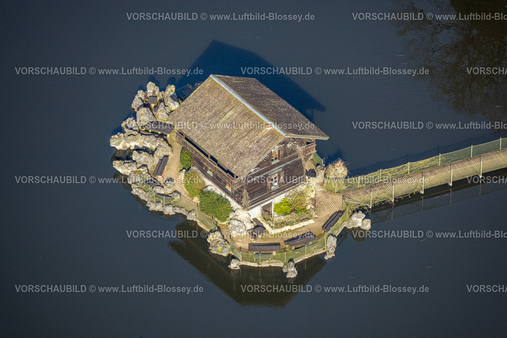 Isselburg240314043 | Luftbild, See mit Schweizer Häuschen im See, Holzbrücke, BiotopWildpark Anholter Schweiz, Vehlingen, Isselburg, Nordrhein-Westfalen, Deutschland