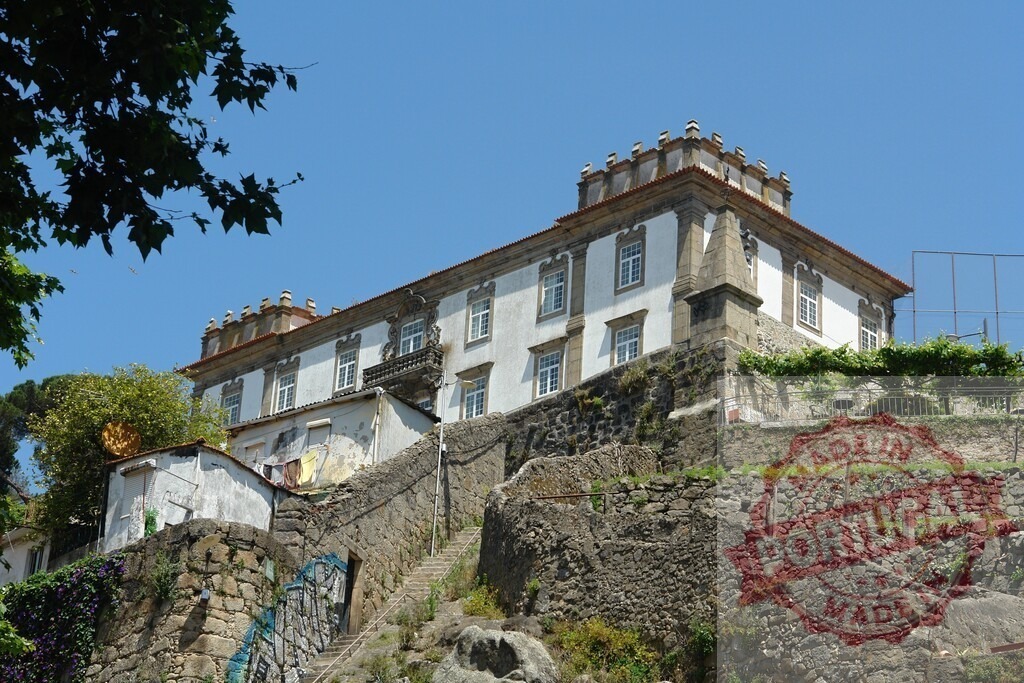 Palácio do Freixo baroque architecture on hillside in Porto. Porto - Portugal | Palácio do Freixo, a historic baroque building, sits on a hillside with stone walls and stairs - Realized with Pictrs.com