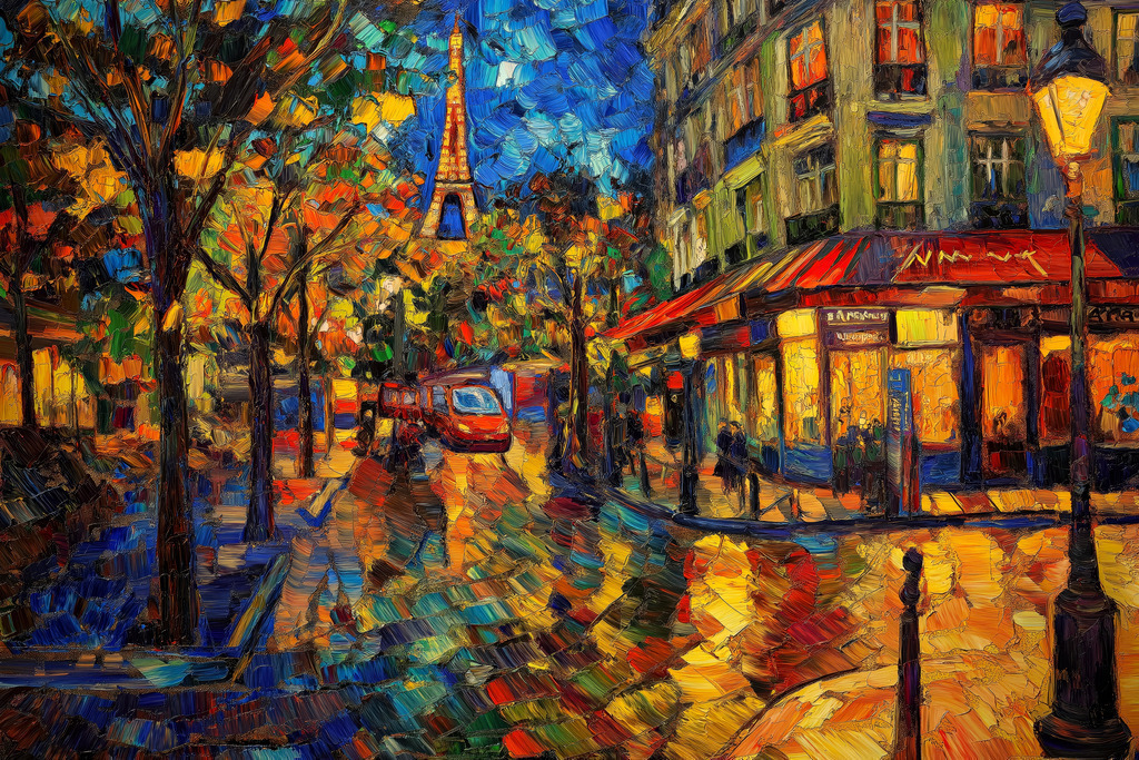 2408006 - Romantisches Paris | Romantisches Parismotiv im Stil eines Gemäldes, das an Van Gogh erinnert. Bestellen Sie dieses Motiv als hochwertigen Kunstdruck in verschiedenen Ausführungen und Größen.