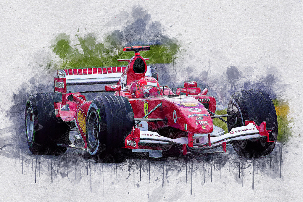 Formel1-Rennwagen | Im Wasserfarben-Stil designed, wirkt der rpte Formel1-Renner mit seinen noch feuchten Farben wie ein modernes Gemälde. So als stünde der Künstler in der Schikane und hätte es selbst erst vor kurzem gemalt. Ein hochwertiges Wandbild in brillanter Druckqualität auf Acrylglas, Alu-Dibond, Leinwand und vielen weiteren Wandprodukten perfekte geeignet für Ihr Ambiente. - Realisiert mit Pictrs.com