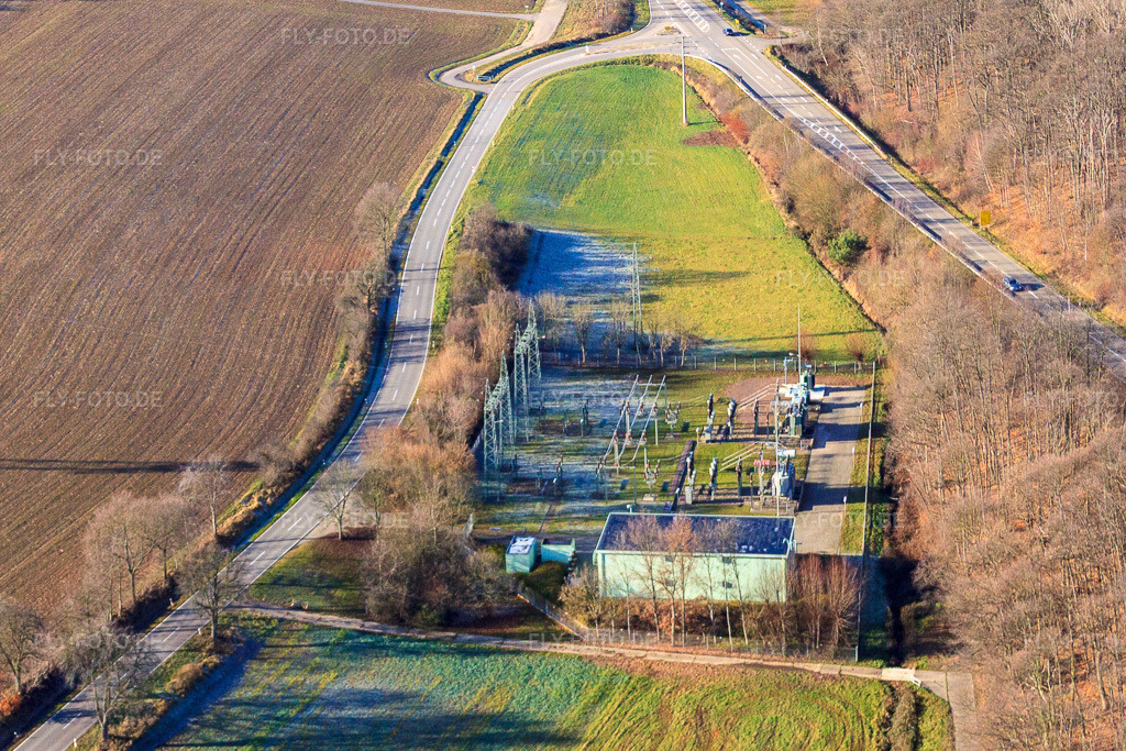 Luftbild: Umspannwerk an der B38 in Dörrenbach im Bundesland Rheinland-Pfalz in Deutschland. Foto: IMG_48307.jpg vom 11.12.2011 durch Werner Riehm/FLY-FOTO.de