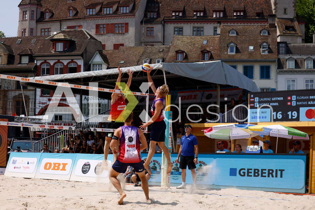 Obi BeachTour 2026 - Basel | BASEL, SWITZERLAND - JULY 19: MATHIS KÄLIN (SUI) attack / spike against LAURENZ LEITNER (AUT) block during the Obi BeachTour 2026 match between LEITNER / KINDL (AUT) and BREER / KÄLIN (SUI) at Barfüsserplatz on July 19, 2026 in Basel, Switzerland. - Realisiert mit Pictrs.com