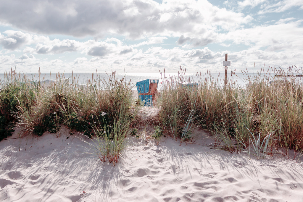 Wandbild: Sommer am Meer in dezenten Farben | Dieses Wandbild im Querformat zeigt eine kleine Düne bewachsen mit Strandhafer im Sommer. Durch eine kleine Lücke im Strandhafer kann man einen Strandkorb am Meer sehen. Auf dem Sandstrand im Vordergrund sind die Schatten des Strandhafers zu erkennen. Dieses sommerliche Strandmotiv lädt zum Träumen ein. Holen Sie sich mit diesem dekorativen Wandbild den Strandurlaub für das ganze Jahr nach Hause oder an den Arbeitsplatz. Es ist auf Leinwand, auf Aluminium-Platte, Acrylglas oder als Holzdruck erhältlich. Die Wandbilder werden individuell für Sie in vielen Abmessungen produziert. Daher passen die Ostseekult Wandbilder immer perfekt an Ihre Wände. - Realisiert mit Pictrs.com