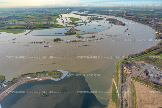 Dinslaken231107375Emschemuendung | Luftbild der Hochwassersituation an der neuen Emschermündung in den Rhein.Die Hochwassermarke 23.11.  liegt gegenüber Dienstag  etwa 30cm niedriger. Eppinghoven, Dinslaken, Ruhrgebiet, Nordrhein-Westfalen, Deutschland