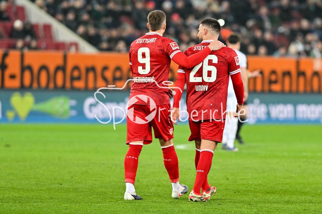 FC Augsburg - VfB Stuttgart | AUGSBURG, GERMANY - 22. MAERZ: Jubel der Gäste nach dem Treffer zum 2-5 durch Ermedin DEMIROVIC (VfB Stuttgart 9) / Tor / Torschuetze / Freude / Happy während dem Bundesligamatch zwischen dem FC Augsburg und dem VfB Stuttgart am 27. Spieltag in der WWK Arena / DFL REGULATIONS PROHIBIT ANY USE OF PHOTOGRAPHS AS IMAGE SEQUENCES AND/OR QUASI-VIDEO / Deniz UNDAV (VfB Stuttgart 26)