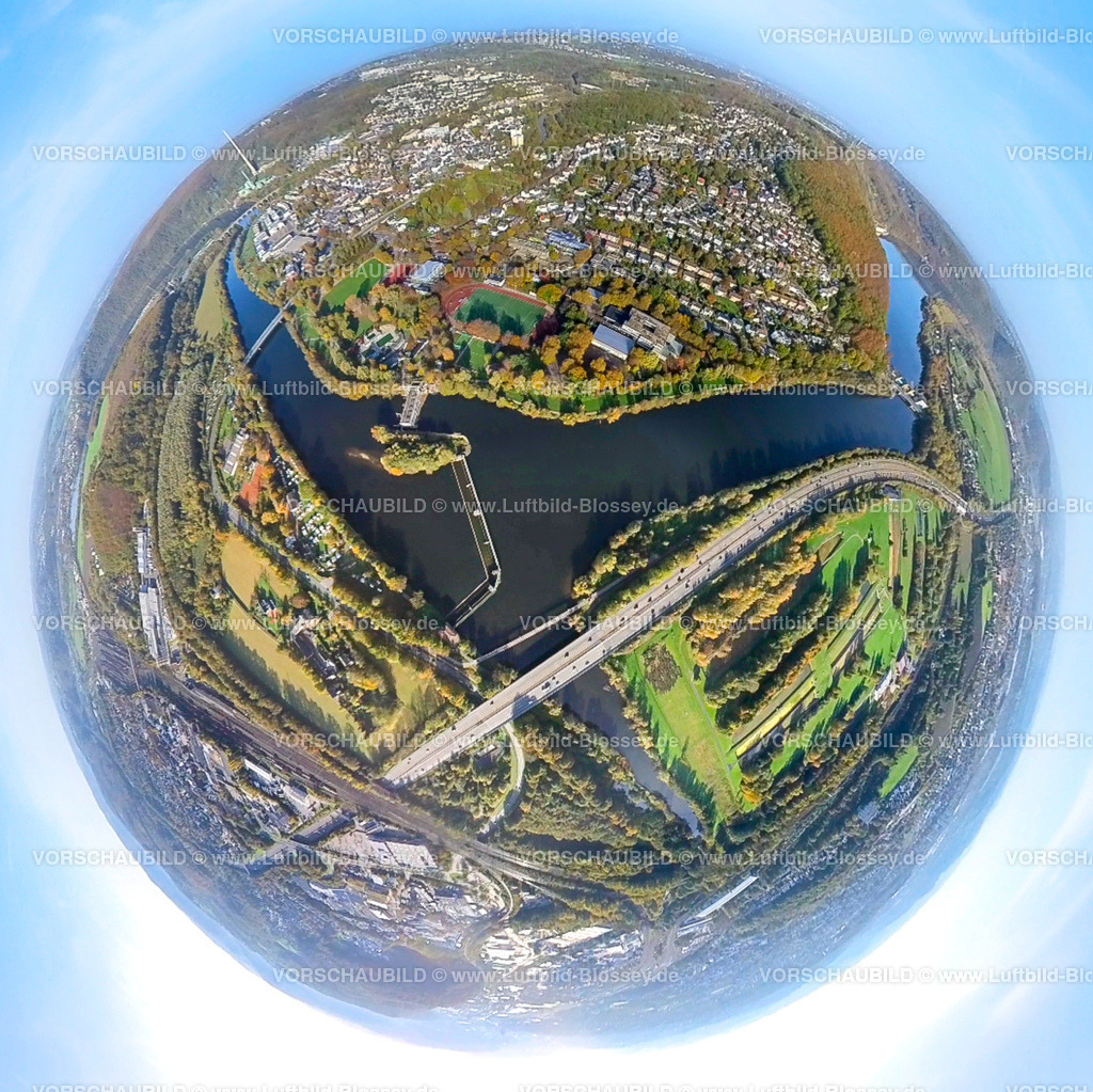 Herdecke20221020_02Hengsteysee2 | Luftbild, Ansicht Herdecke, Fluss Ruhr und Hengsteysee, Fisheye Aufnahme, Fischaugen Aufnahme, 360 Grad Aufnahme, Herdecke, Ruhrgebiet, Nordrhein-Westfalen, Deutschland