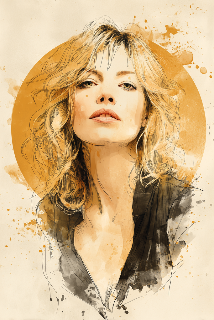 Poster: HER ECHO – The Spark | Ausdrucksstarkes Frauenportrait im Aquarellstil mit goldenem Kreis im Hintergrund aus der Poster-Serie HER ECHO. - Realisiert mit Pictrs.com