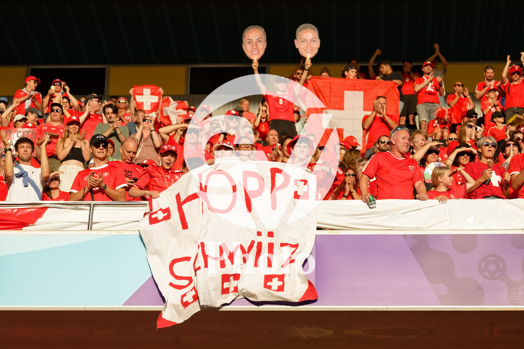 Spain v Switzerland - UEFA Women's EURO 2025 Quarter-Final | BERN, SWITZERLAND - JULY 18:  Fans of Switzerland with flags /banner during the UEFA Women's EURO 2025 Quarter-Final match between Spain v Switzerland at Stadion Wankdorf on July 18, 2025 in Bern, Switzerland. (Photo by Giuseppe Velletri/Sports Press Photo/Getty Images)