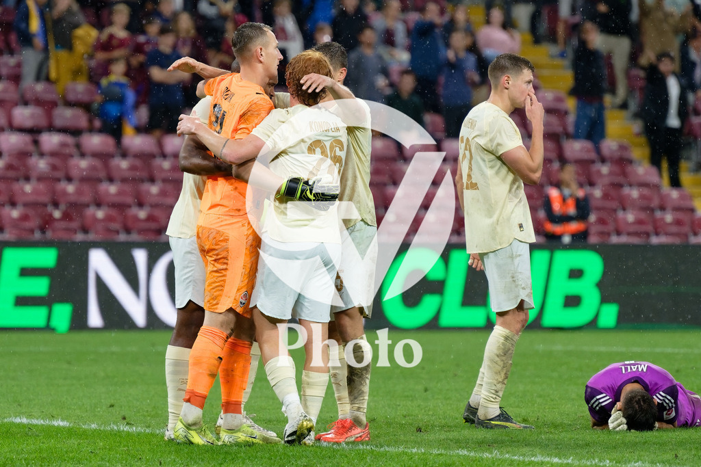 UEFA Conference League Play-offs 2nd leg - Servette FC v FC Shakhtar Donetsk | Dmytro Riznyk (31 FC Shakhtar Donetsk) , Yukhym Konoplia (26 FC Shakhtar Donetsk) Mykola Matviyenko (22 FC Shakhtar Donetsk) Pedro Henrique (13 FC Shakhtar Donetsk) celebrate after winning  during the UEFA Conference League Play-offs 2nd leg match between Servette FC and FC Shakhtar Donetsk at Stade de Geneve in Geneva, Switzerland