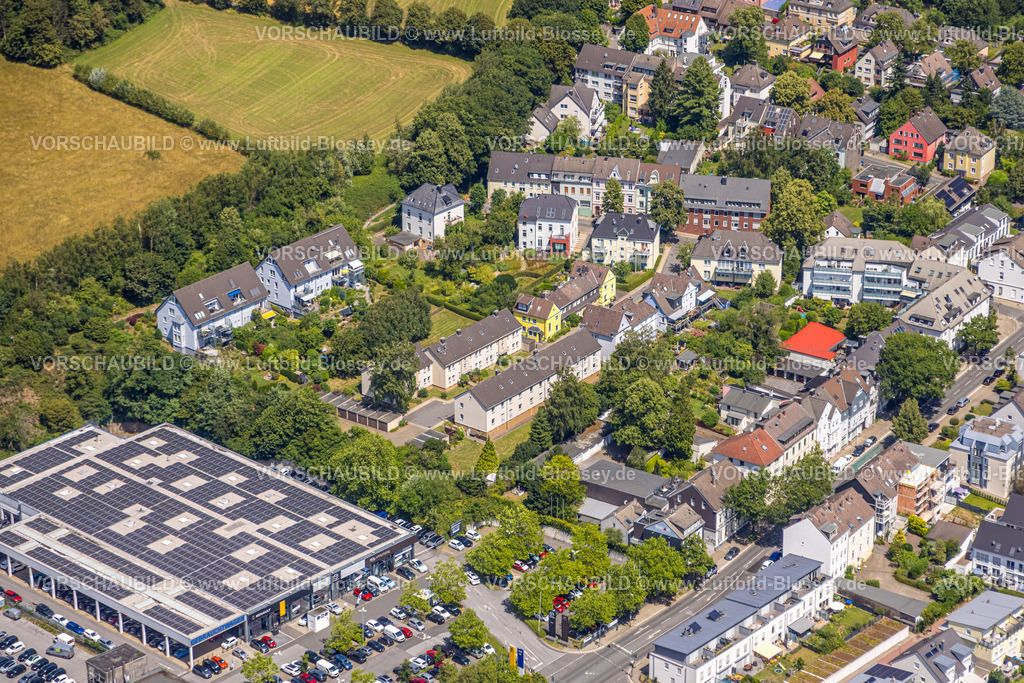Essen230708026 | Luftbild, Wohnsiedlung Eigene Tat, BOB Automobile - Renault Autohaus mit Solarpanel, Werden, Essen, Ruhrgebiet, Nordrhein-Westfalen, Deutschland