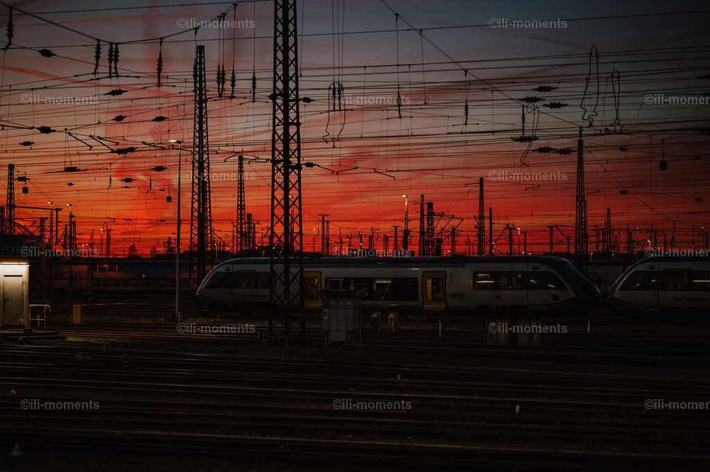 der letzte Zug | „Der letzte Zug“ ist ein beeindruckendes Stadtszenerie-Foto, das die besondere Stimmung eines Großbahnhofs in der Abenddämmerung einfängt. Im Mittelpunkt steht ein einfahrender Zug, dessen Silhouette sich perfekt in die dynamische Linienführung der Oberleitungen und Gleise einfügt. Der Himmel leuchtet in einem intensiven Rotton des Sonnenuntergangs, der die gesamte Szene in ein dramatisches, warmes Licht taucht.Dieses Foto verbindet urbanes Flair mit poetischer Abendstimmung – ideal für moderne Wohn- und Arbeitsräume, Wartebereiche, Büros oder für alle, die eine Leidenschaft für Bahn, Reisen und Architektur besitzen. - Realisiert mit Pictrs.com