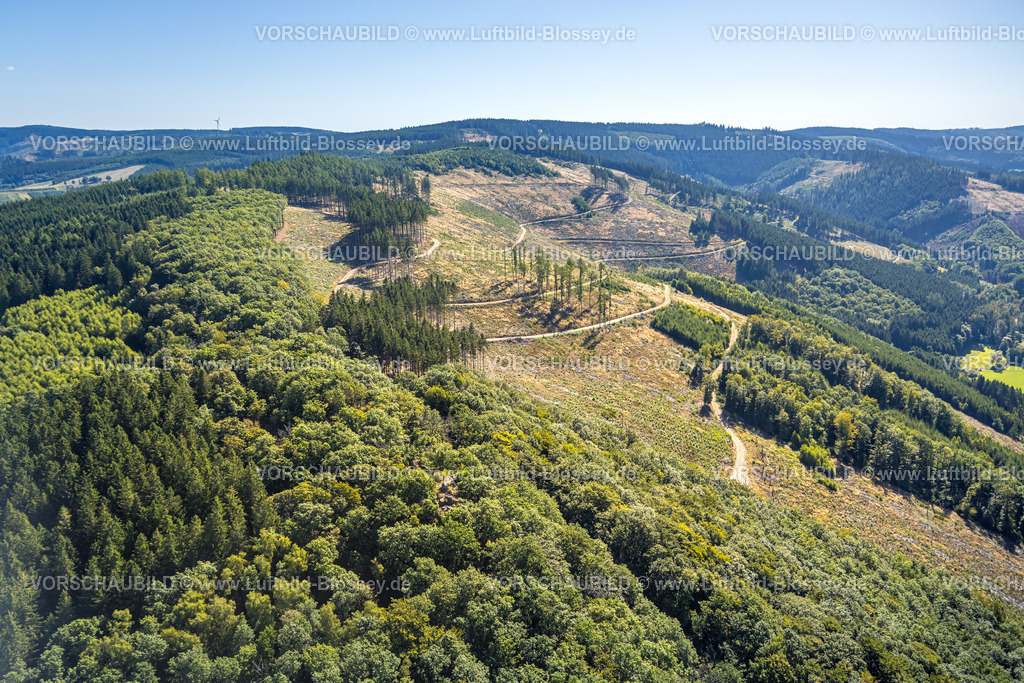 Kirchhundem250811744 | Luftbild, Albaumer Klippen, Waldgebiet mit Waldschäden, Hügellandschaft, Albaum, Kirchhundem, Sauerland, Nordrhein-Westfalen, Deutschland
